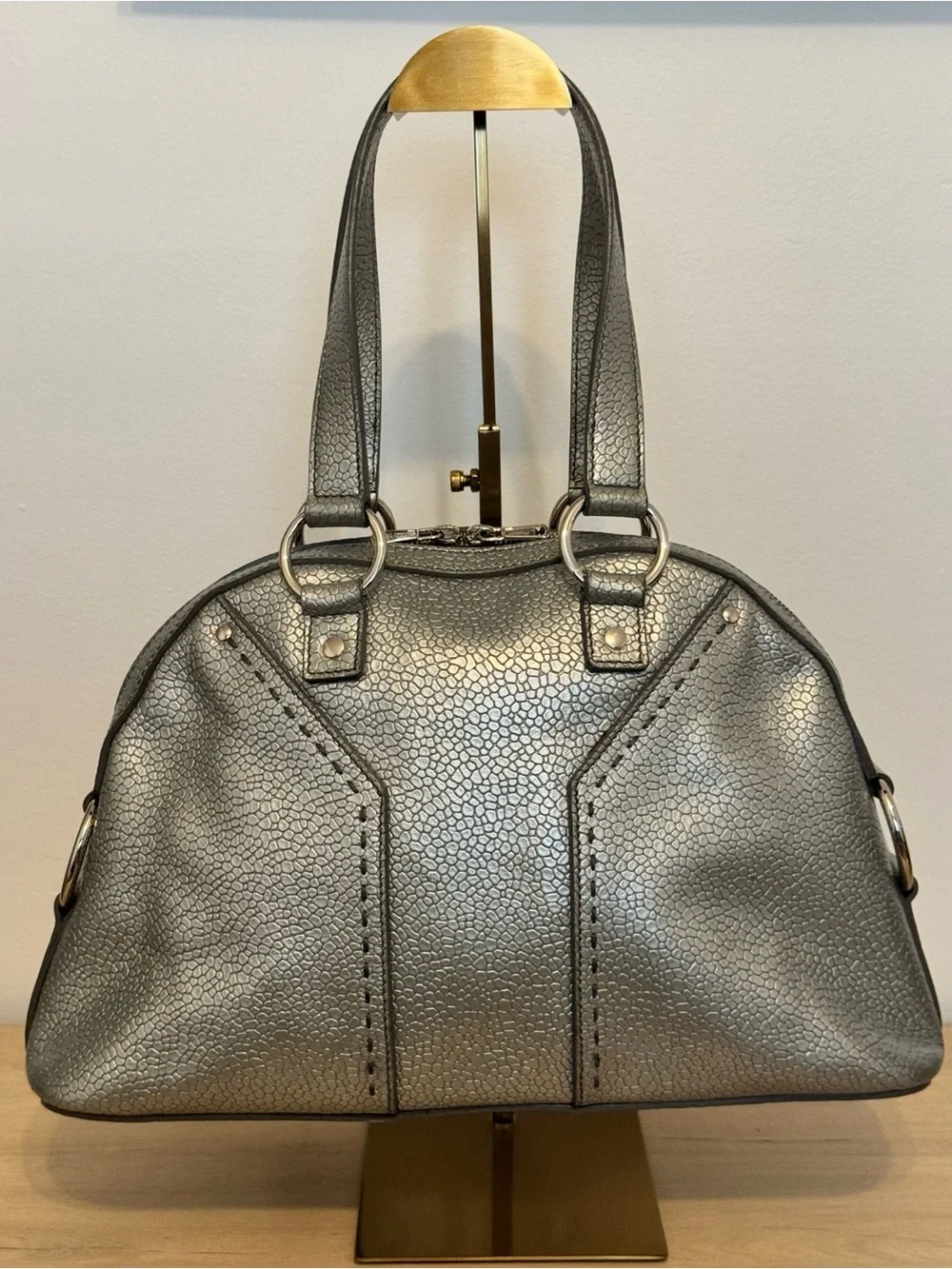 YSL Yves Saint Laurent Muse Sac Large Silver Metallic Leather Bag 2009 Authentic